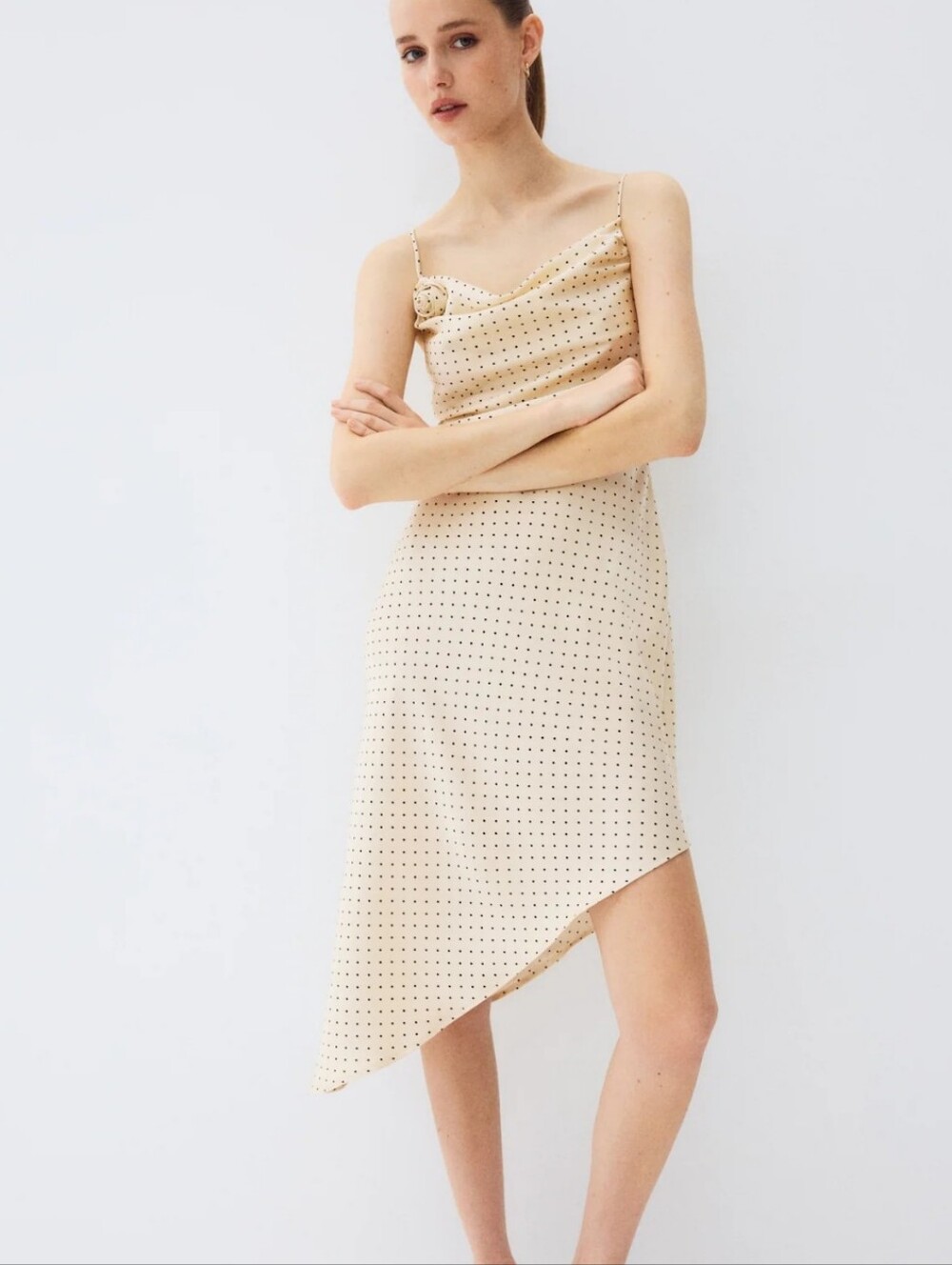 NWT H&M Asymmetrical Satin Slip Dress Polka Dot Tie Back Strappy Ivory Black XXL